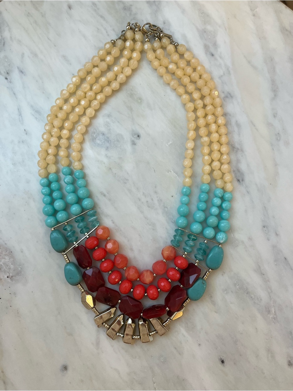Anthropologie Multicolor Beaded Statement Necklace - Turquoise, Coral & Cream